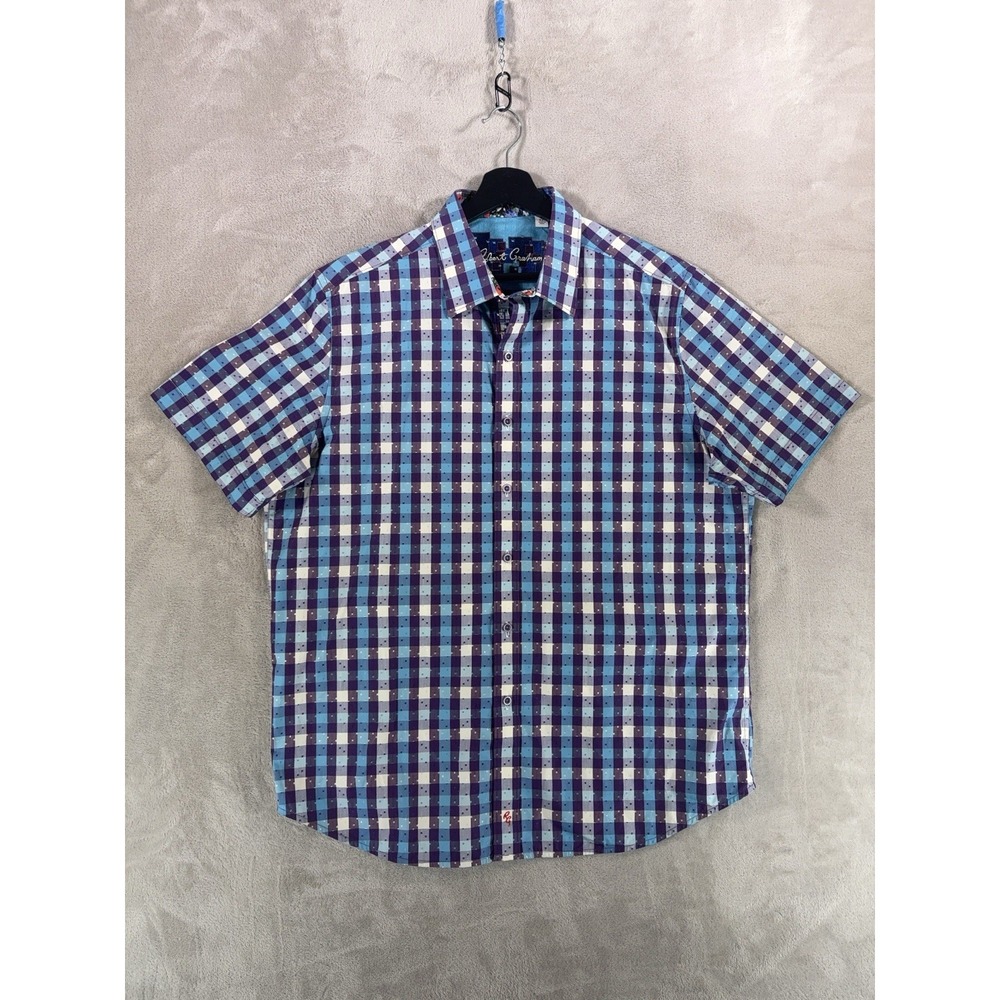 Robert Graham Button Down Shirt Mens XL Blue Purple Gingham Dot Print Cotton